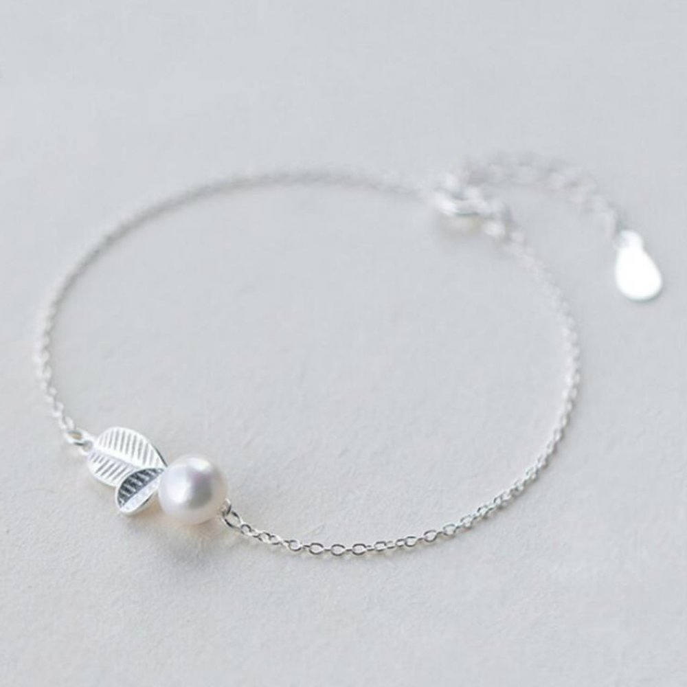 *NEW 925 Sterling Silver Pearl Leaf Bracelet
